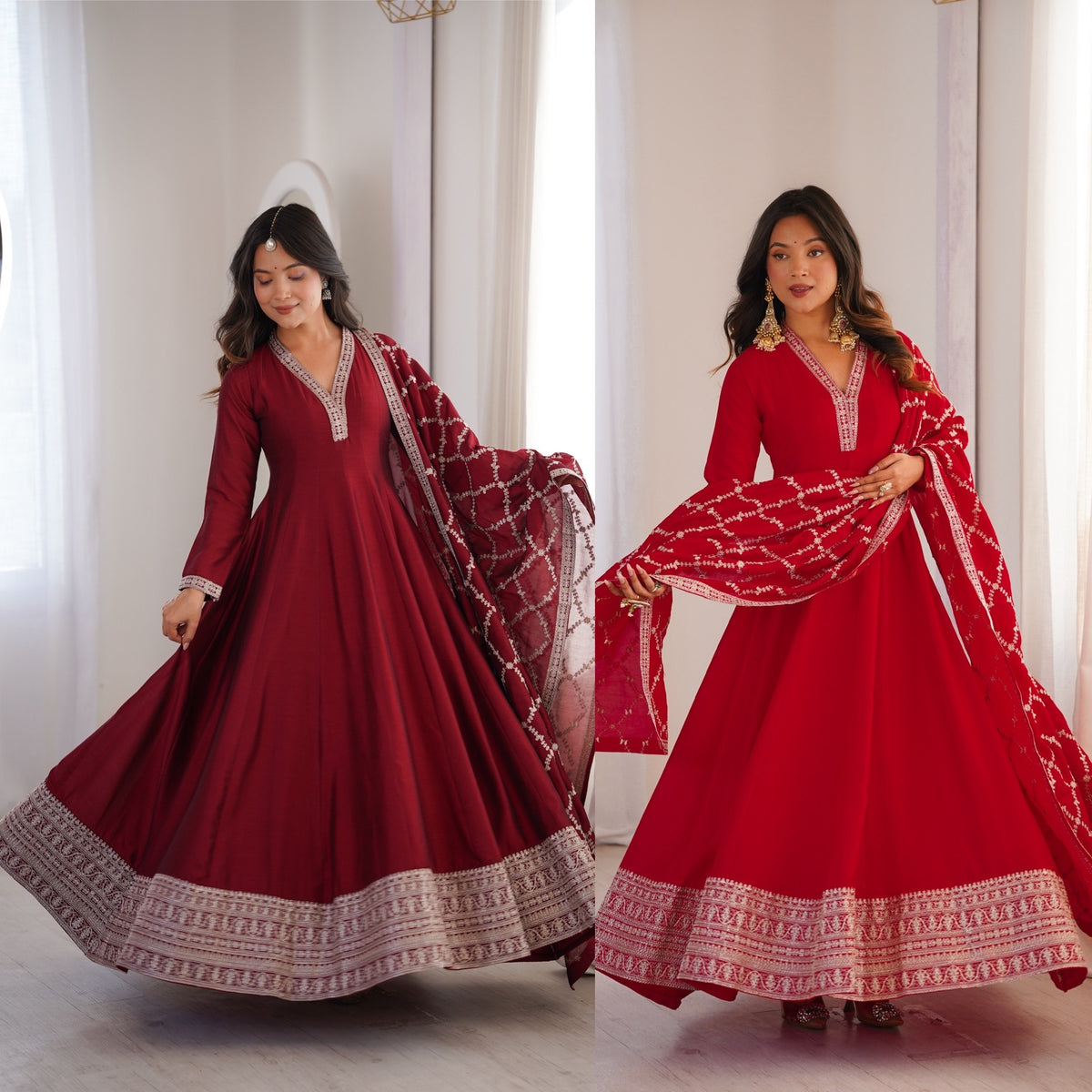 Premium Rust Crunchy Silk Anarkali Gown with Jari, Sequin & Beadwork Dupatta