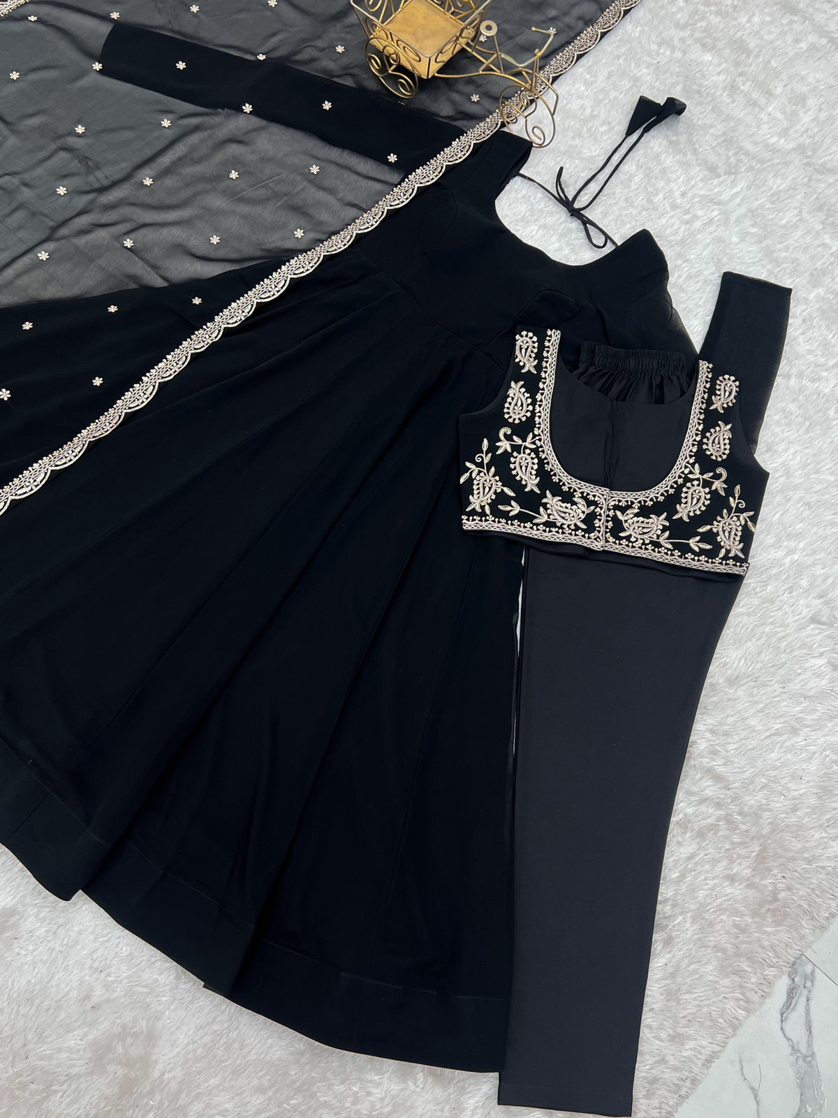 Fox Georgette 16-Kali Flared Anarkali Gown with Embroidered Koti, Jari Dupatta & Pant Set