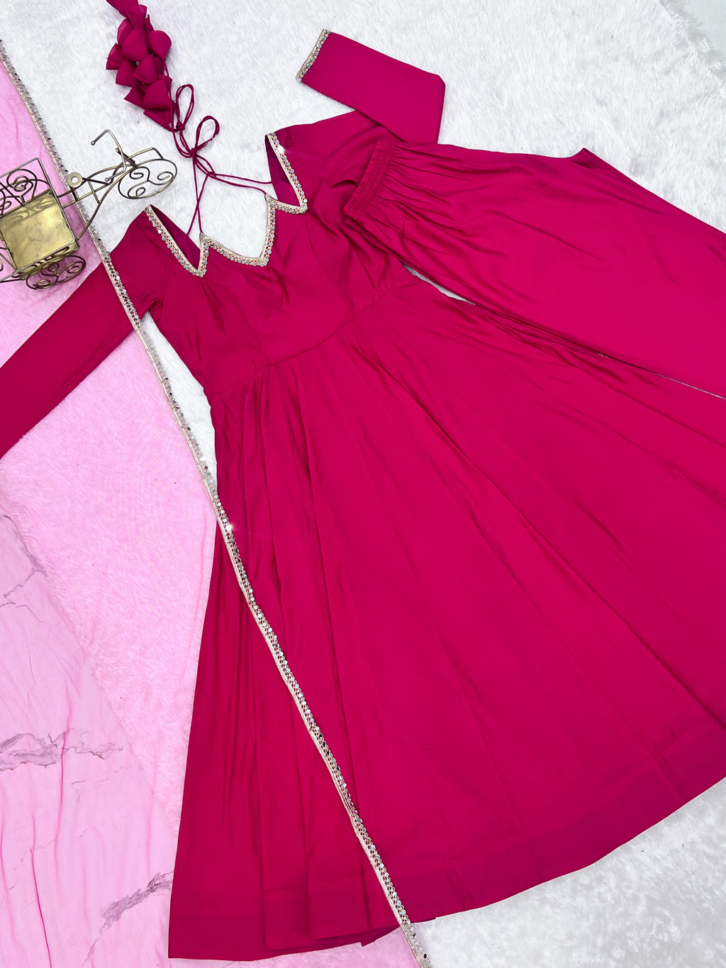 RomanSilk Chanderi Flared Anarkali Gown with Mirror Lace Dupatta & Pant Set