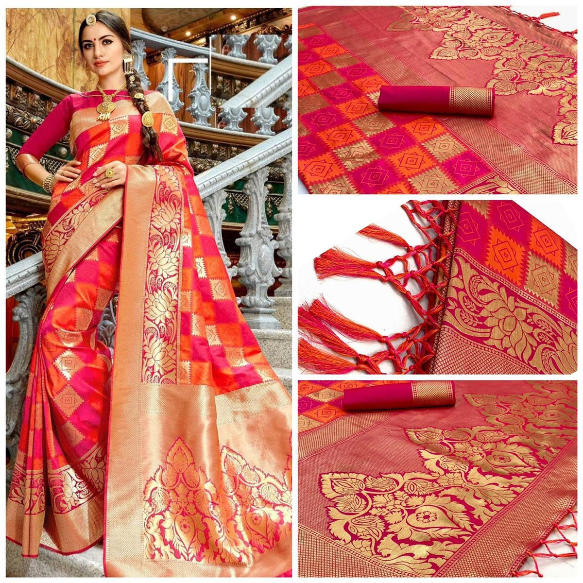 Soft Lichi Silk Jacquard Work Saree with Rich Pallu and Zahlar Tassels