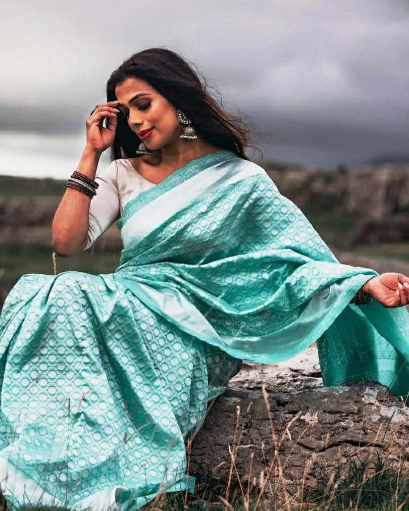 Aqua Blue Soft Banarasi Silk Saree with Woven Design