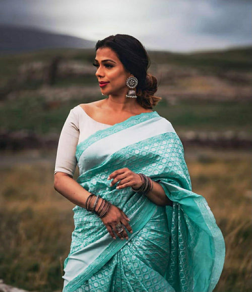Aqua Blue Soft Banarasi Silk Saree with Woven Design