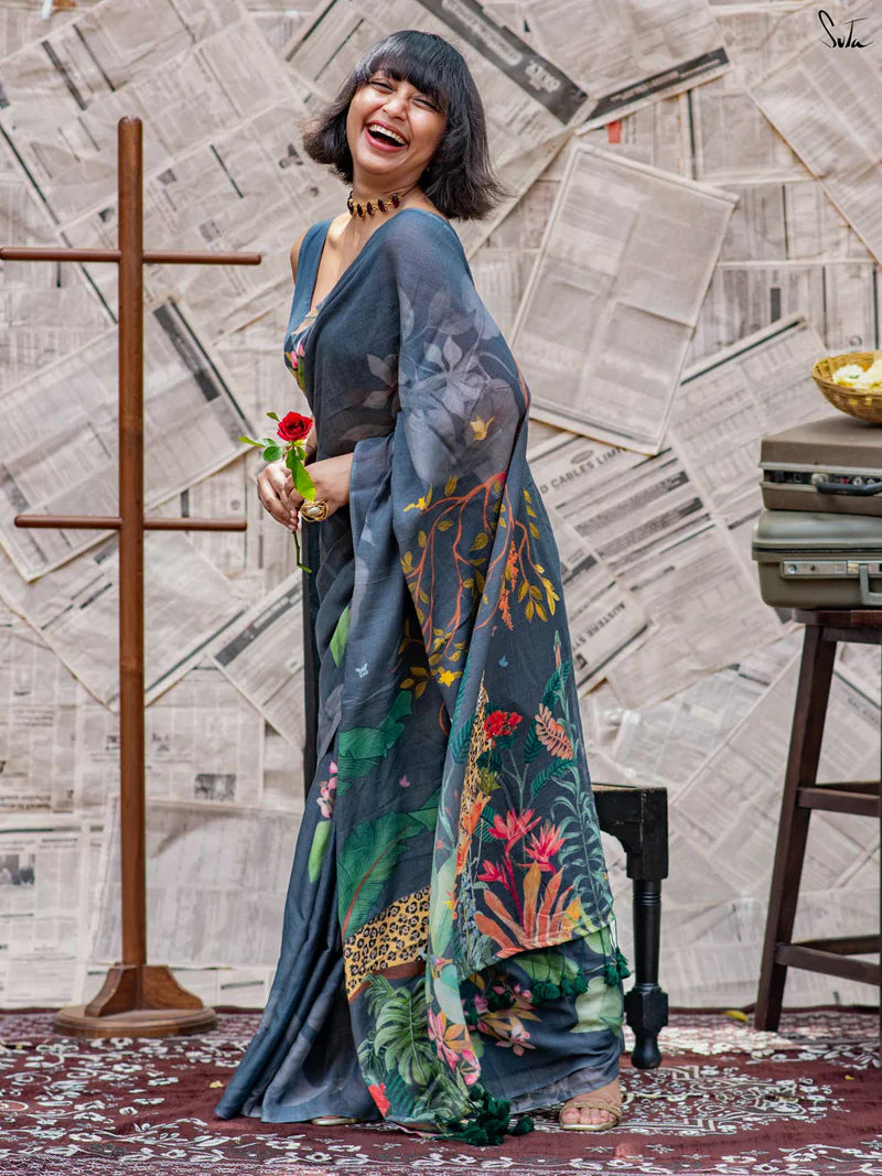 Elegant Heritage Tussle Premium Linen Cotton Digital Printed Saree with Satin Banglory Blouse