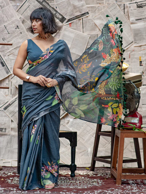 Elegant Heritage Tussle Premium Linen Cotton Digital Printed Saree with Satin Banglory Blouse