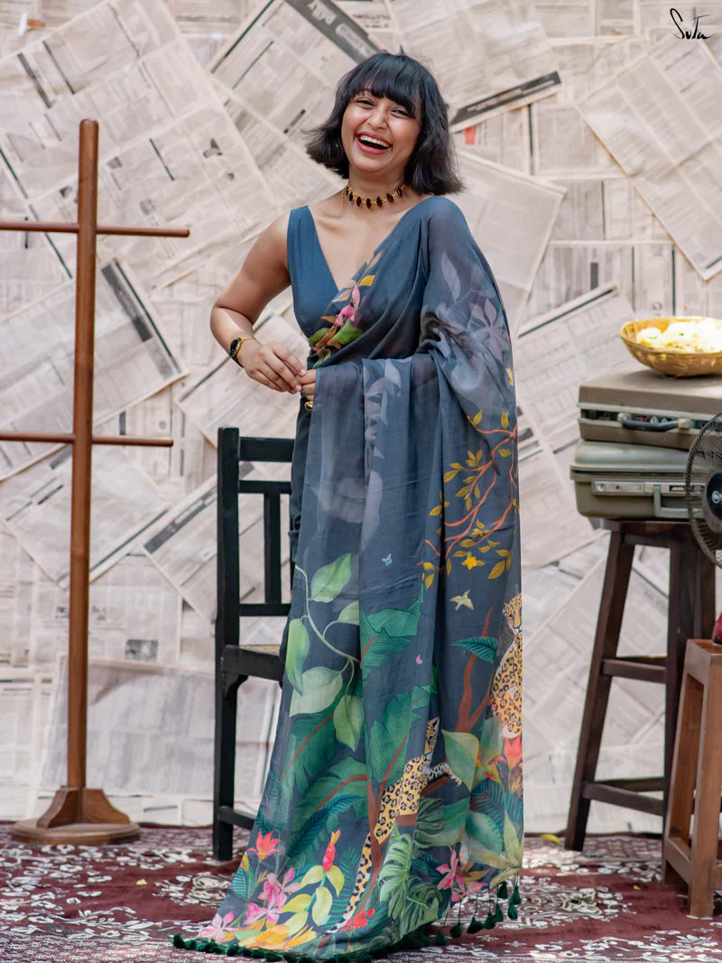 Elegant Heritage Tussle Premium Linen Cotton Digital Printed Saree with Satin Banglory Blouse