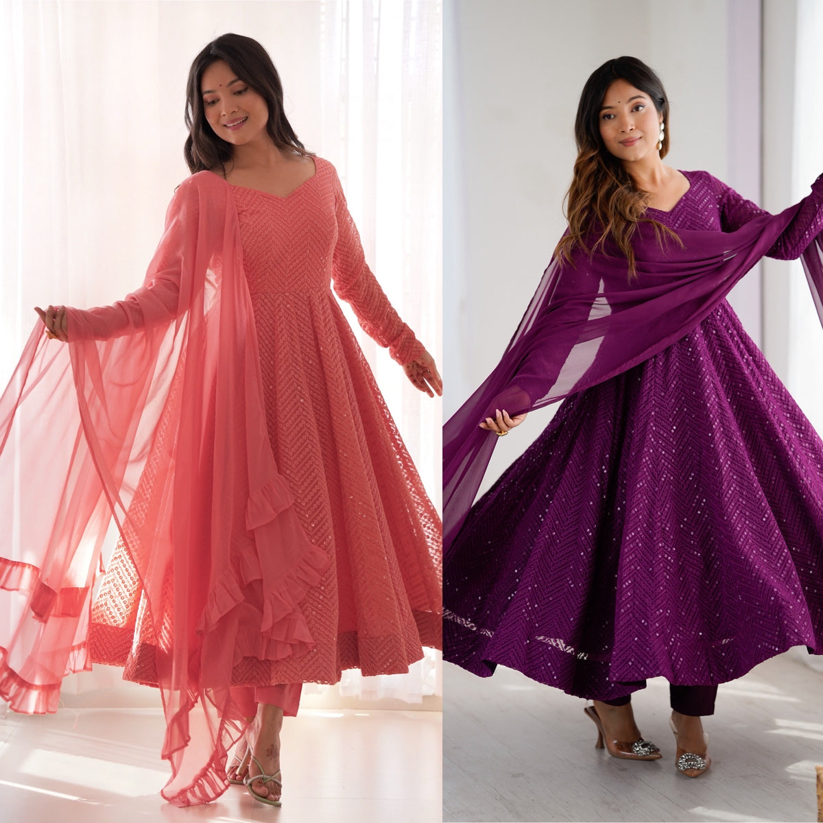 Lucknowi Faux Georgette Anarkali Suit with 4M Kali Flair, Sequin Work & Ruffle Dupatta