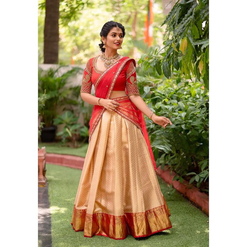 Kanjivaram Zari Lehenga with Mirror Work Butterfly Net Dupatta