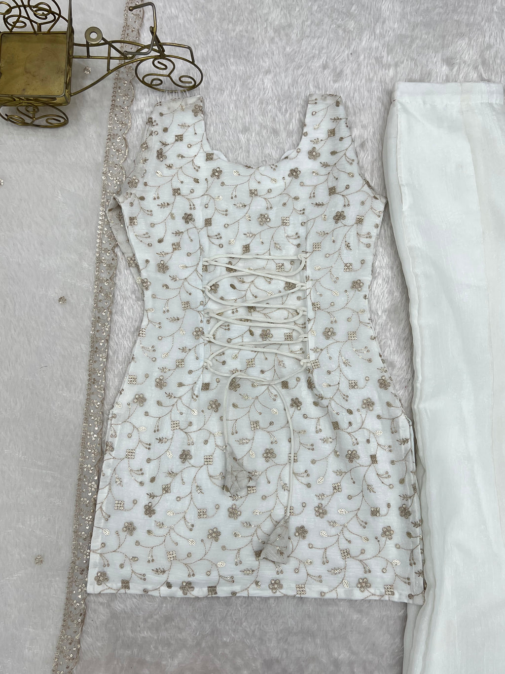 Crunchy Silk Embroidered Bell Bottom Suit with Sequin, Jari & Lace Work Dupatta