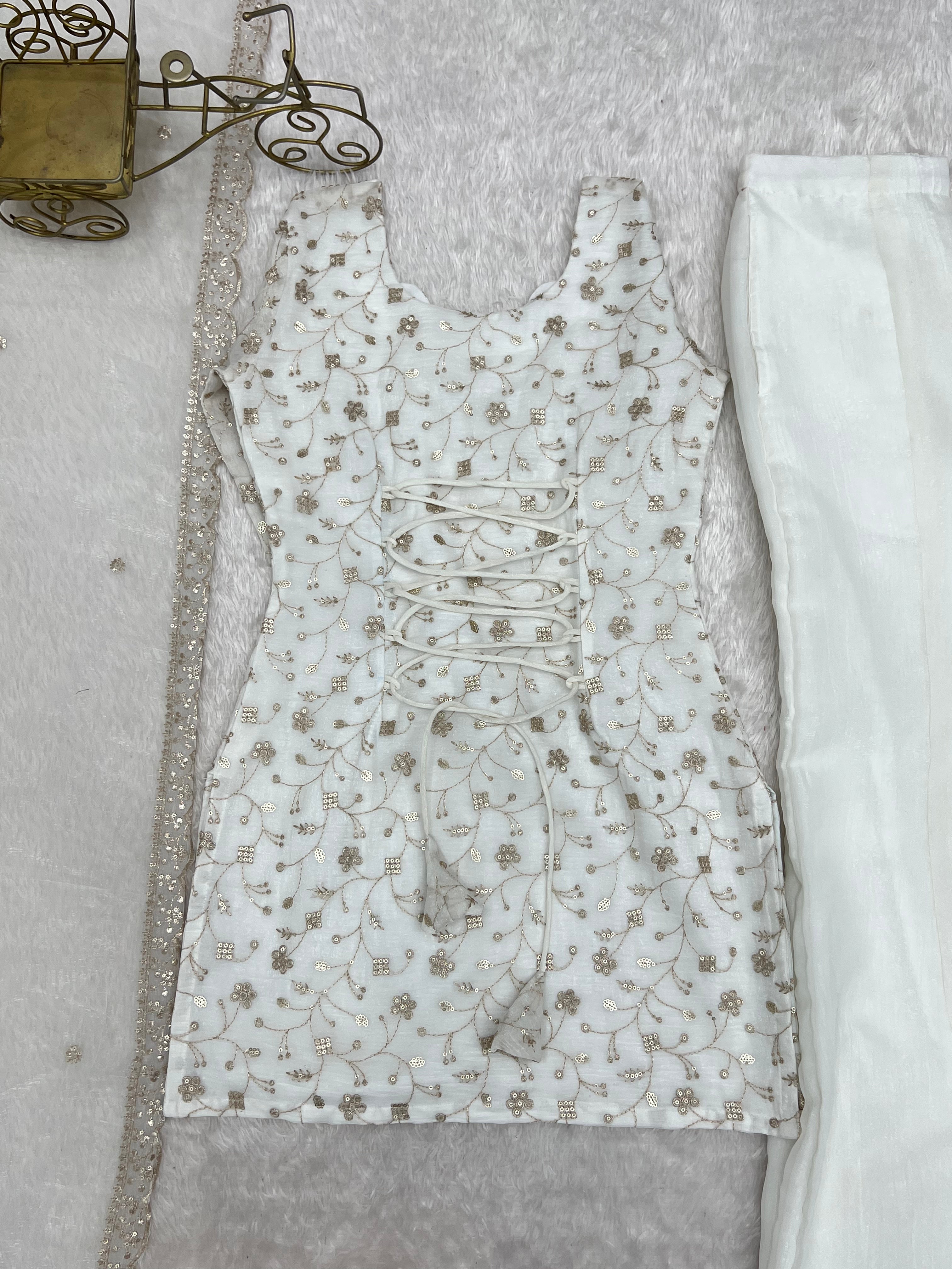 Crunchy Silk Embroidered Bell Bottom Suit with Sequin, Jari & Lace Work Dupatta