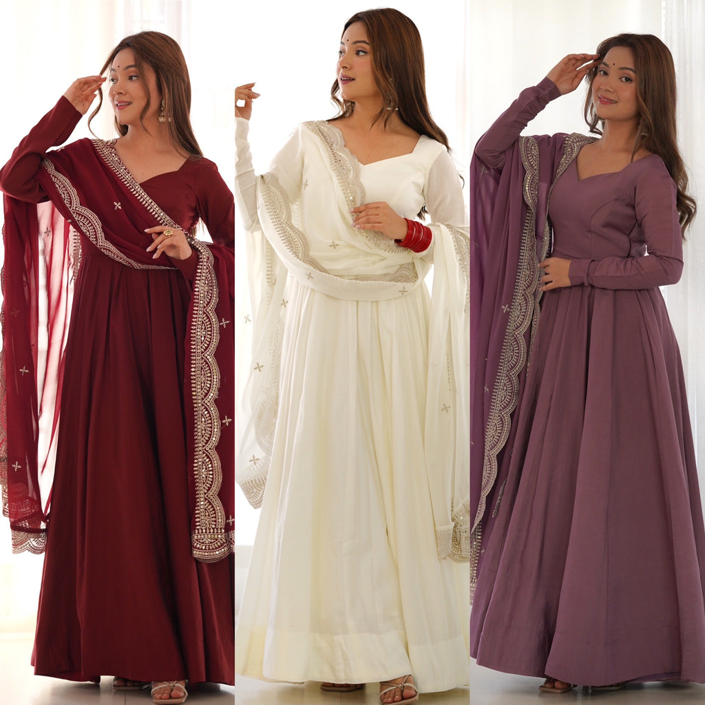 Romansilk Chanderi 16-Kali Anarkali Gown with Sequin Cutwork Dupatta & Stitched Pant