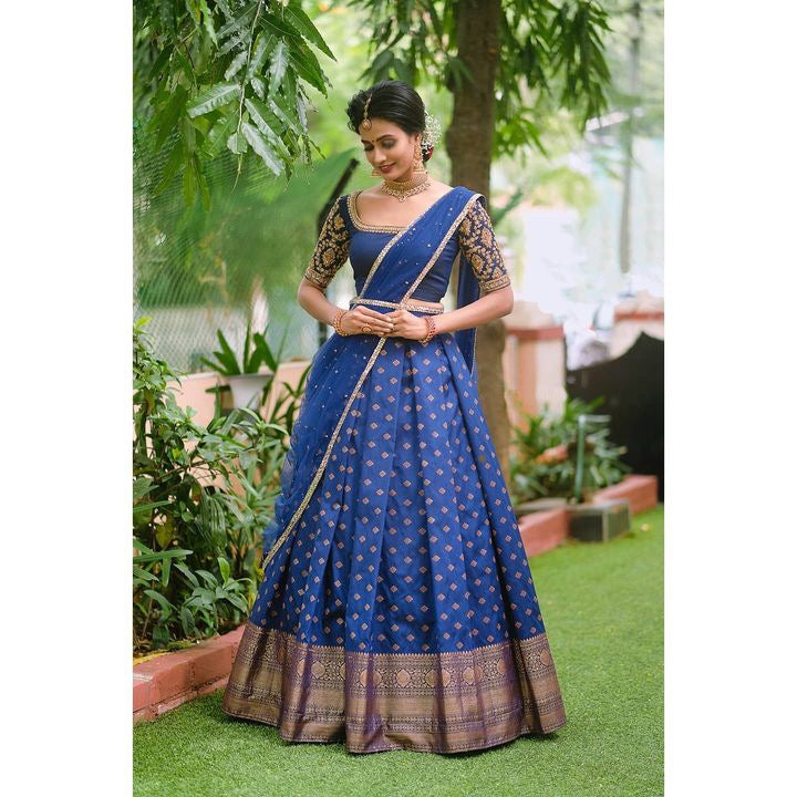 Royal Kanjivaram Lehenga with Mirror Work Butterfly Net Dupatta