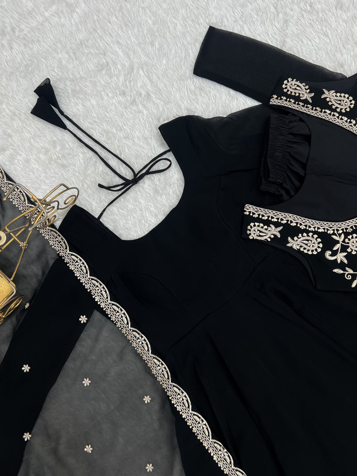 Fox Georgette 16-Kali Flared Anarkali Gown with Embroidered Koti, Jari Dupatta & Pant Set