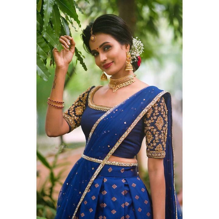 Royal Kanjivaram Lehenga with Mirror Work Butterfly Net Dupatta