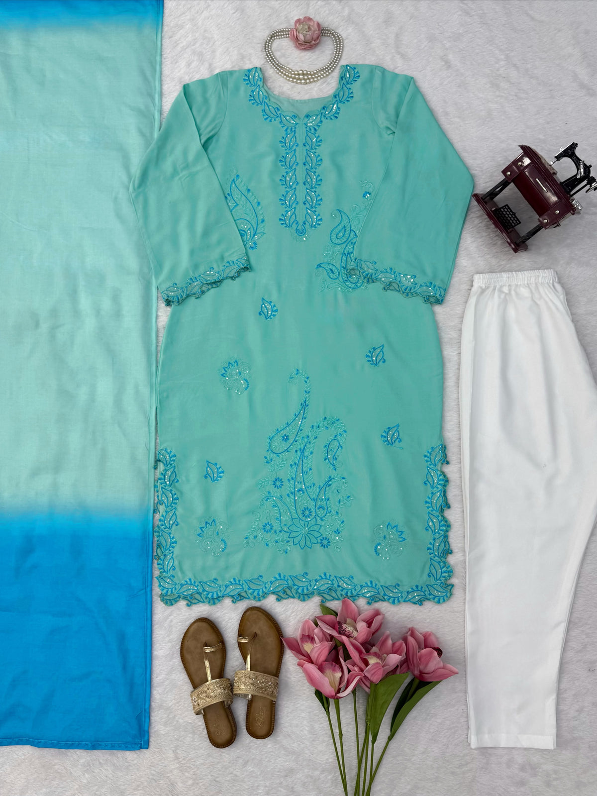 Heavy Reyon Thread Work Set with Shaded Double-Colour Mull Cotton Dupatta
