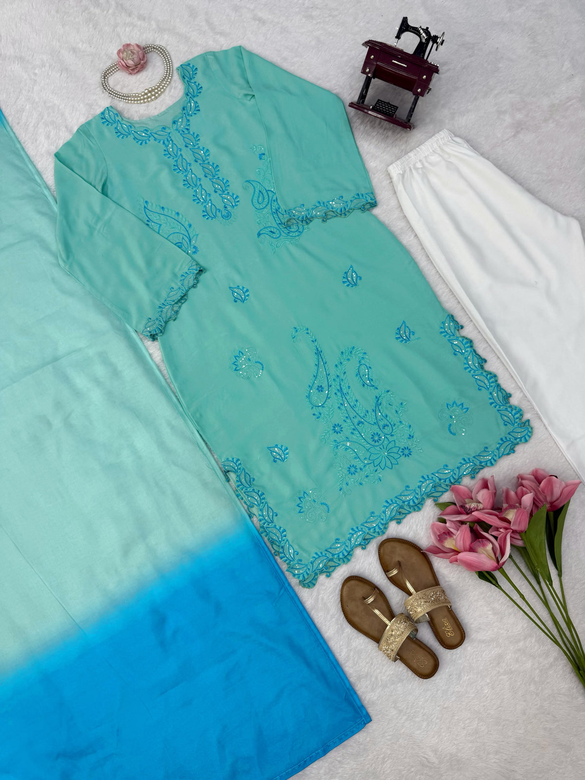 Heavy Reyon Thread Work Set with Shaded Double-Colour Mull Cotton Dupatta
