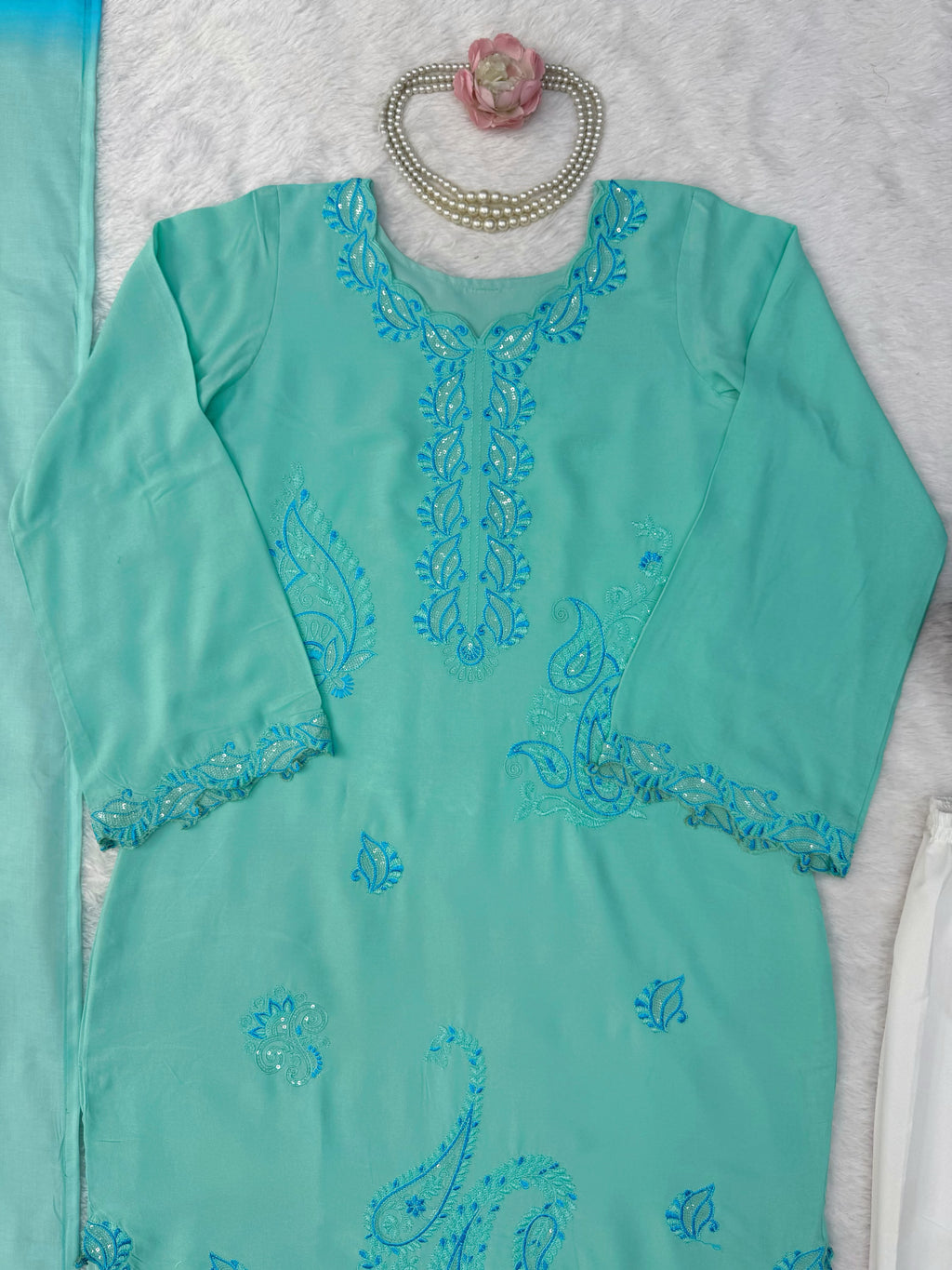 Heavy Reyon Thread Work Set with Shaded Double-Colour Mull Cotton Dupatta