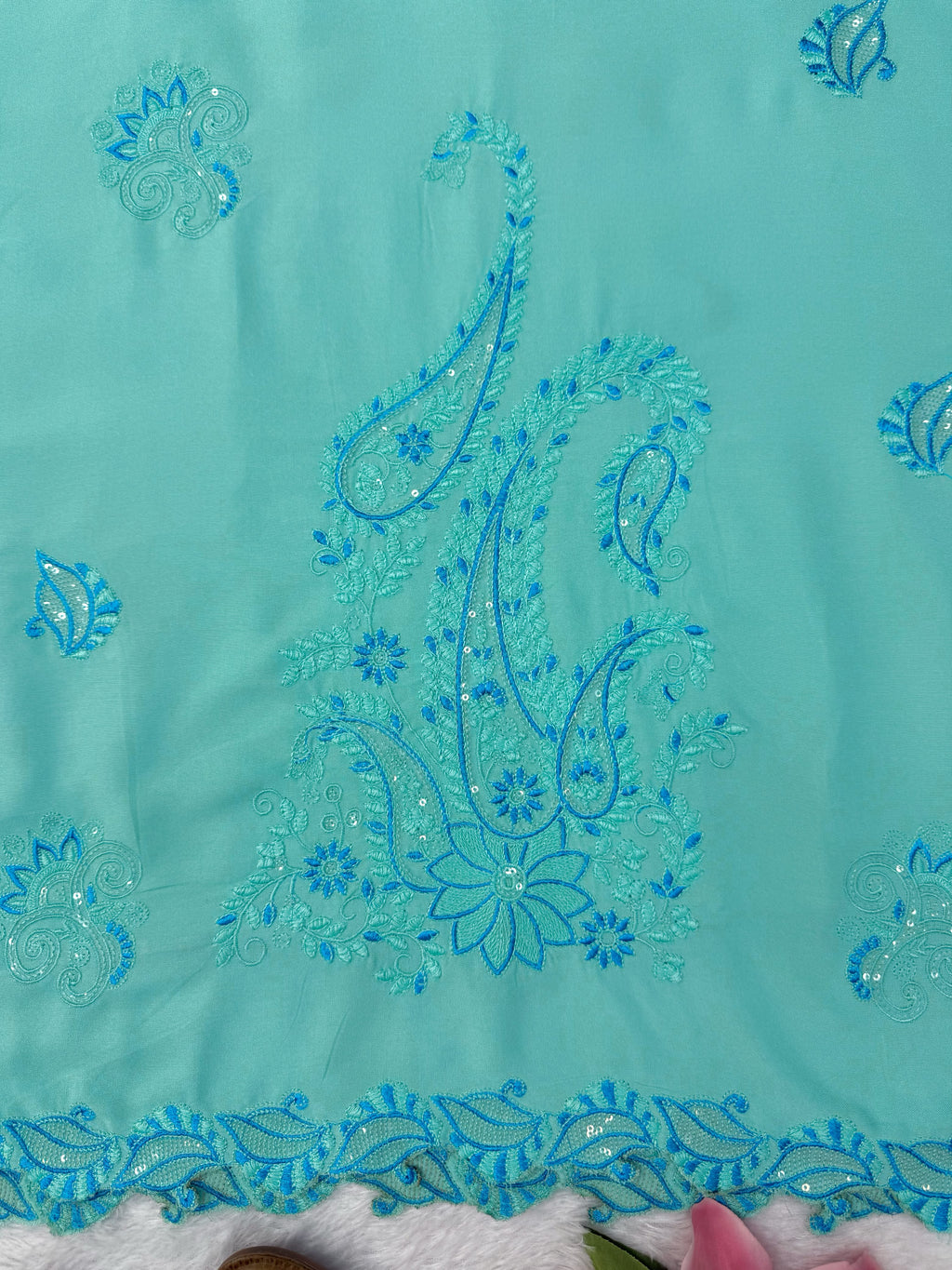 Heavy Reyon Thread Work Set with Shaded Double-Colour Mull Cotton Dupatta