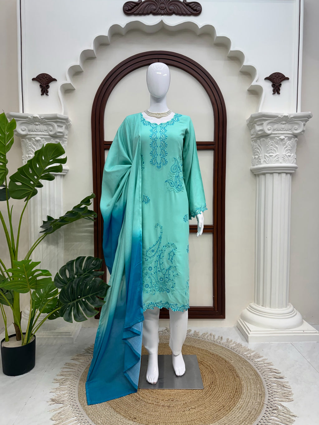 Heavy Reyon Thread Work Set with Shaded Double-Colour Mull Cotton Dupatta