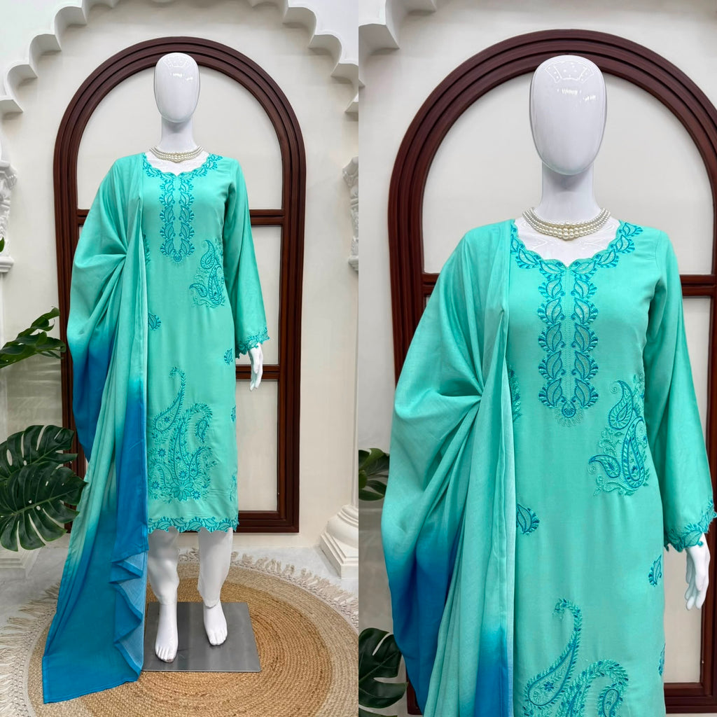 Heavy Reyon Thread Work Set with Shaded Double-Colour Mull Cotton Dupatta
