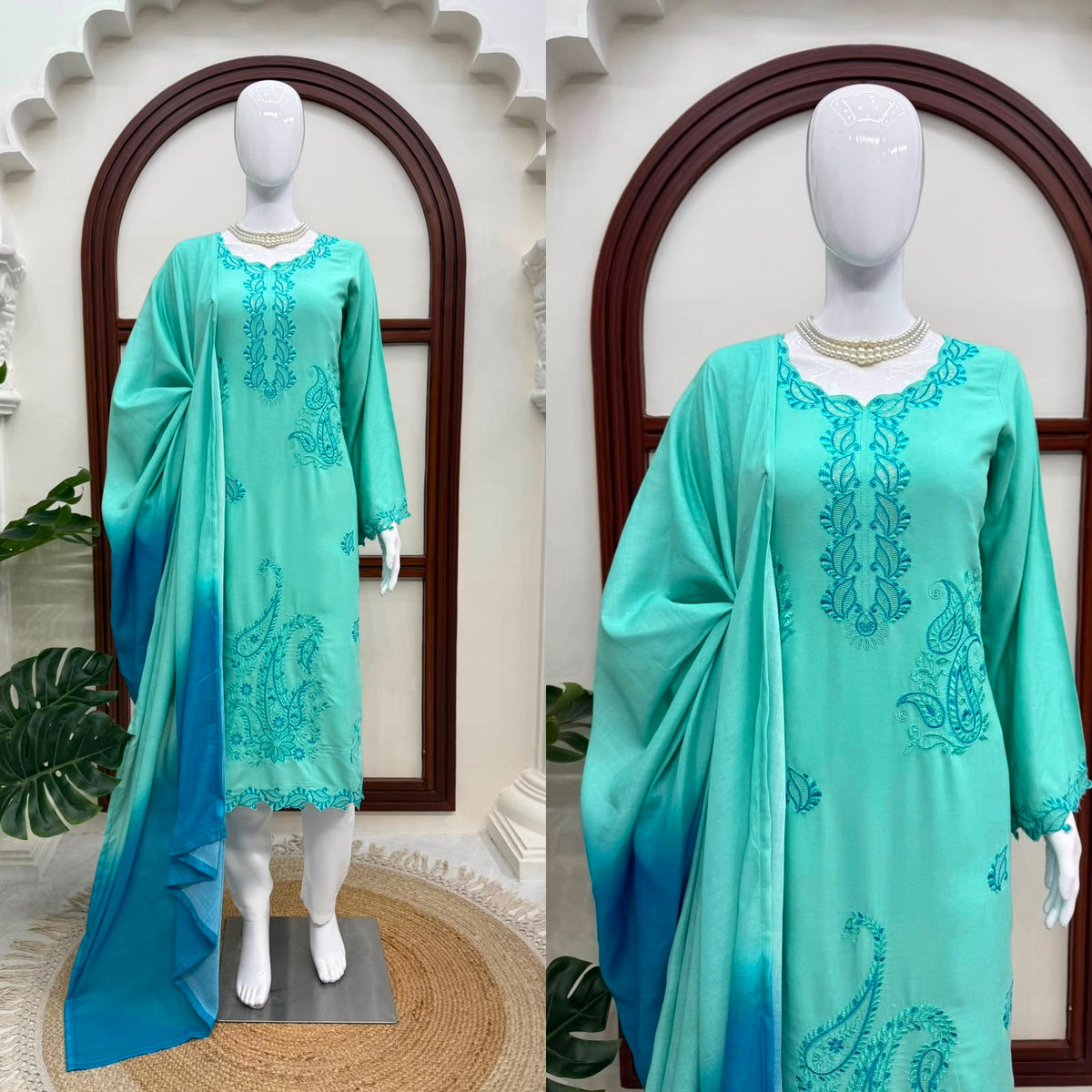 Heavy Reyon Thread Work Set with Shaded Double-Colour Mull Cotton Dupatta