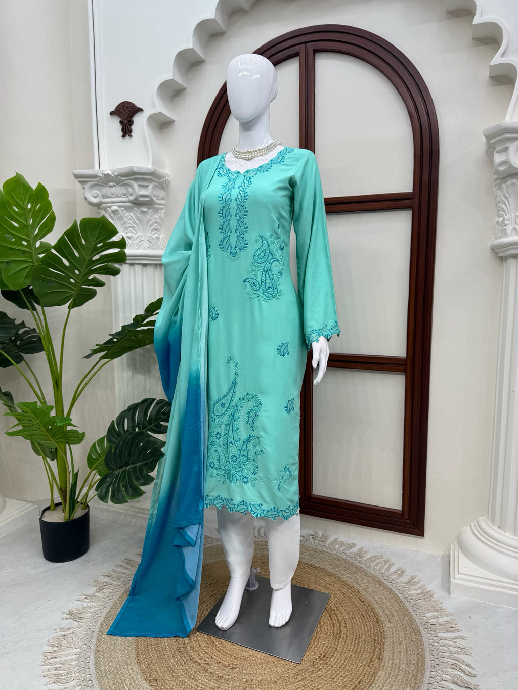Heavy Reyon Thread Work Set with Shaded Double-Colour Mull Cotton Dupatta