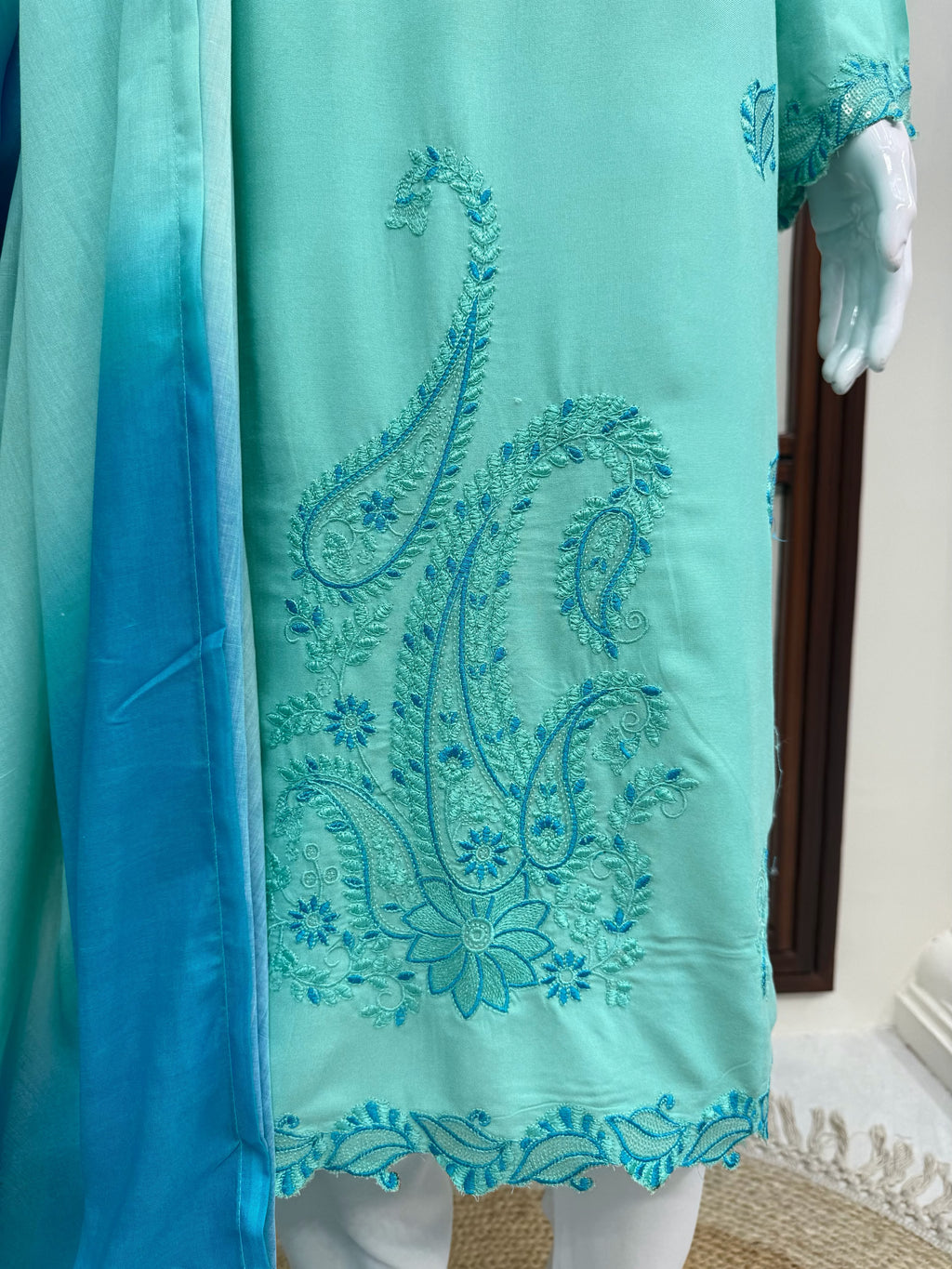 Heavy Reyon Thread Work Set with Shaded Double-Colour Mull Cotton Dupatta