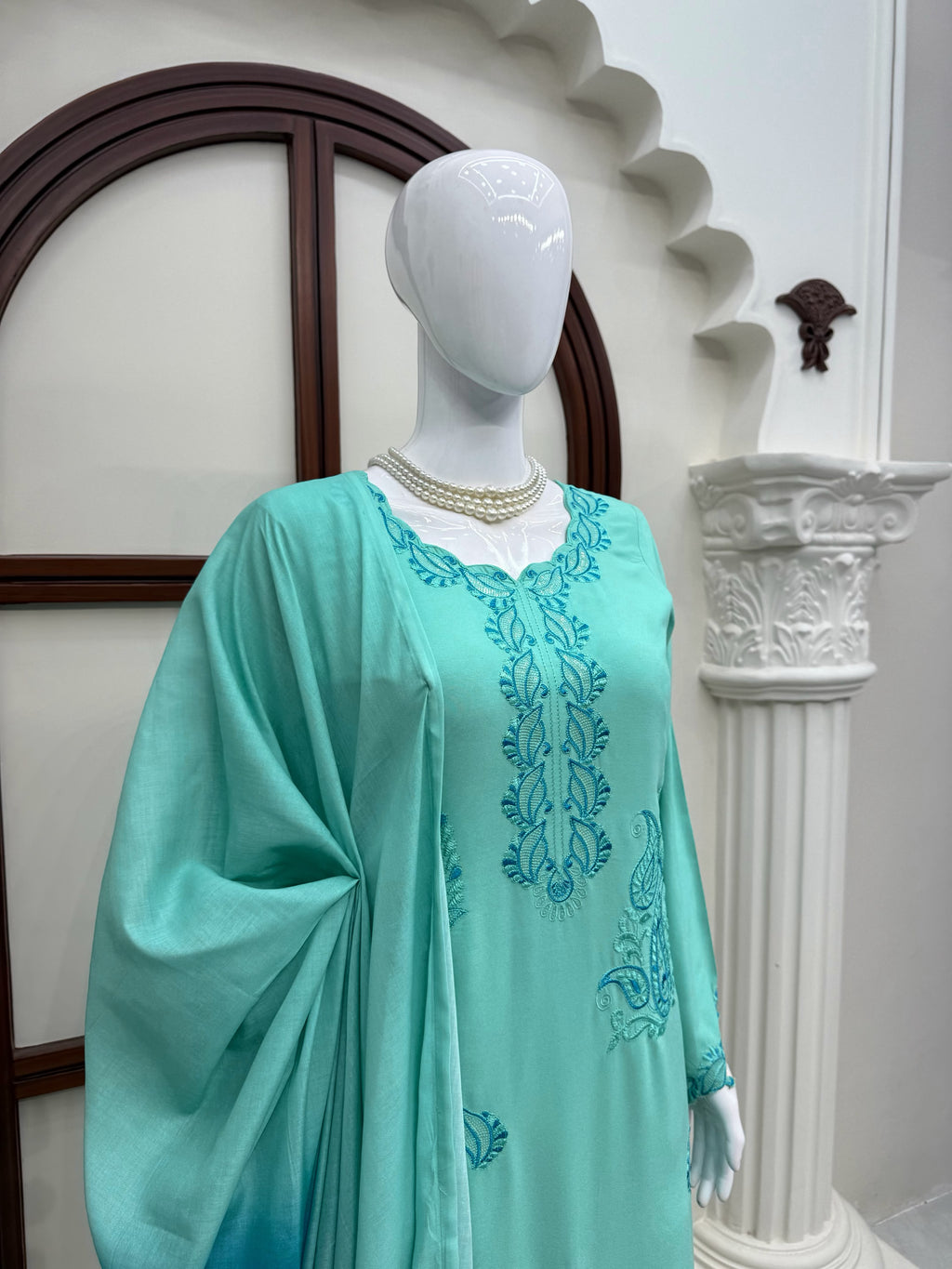 Heavy Reyon Thread Work Set with Shaded Double-Colour Mull Cotton Dupatta