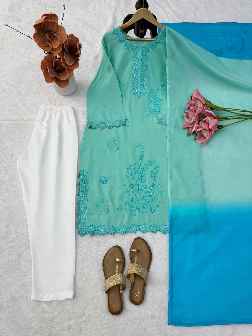 Heavy Reyon Thread Work Set with Shaded Double-Colour Mull Cotton Dupatta