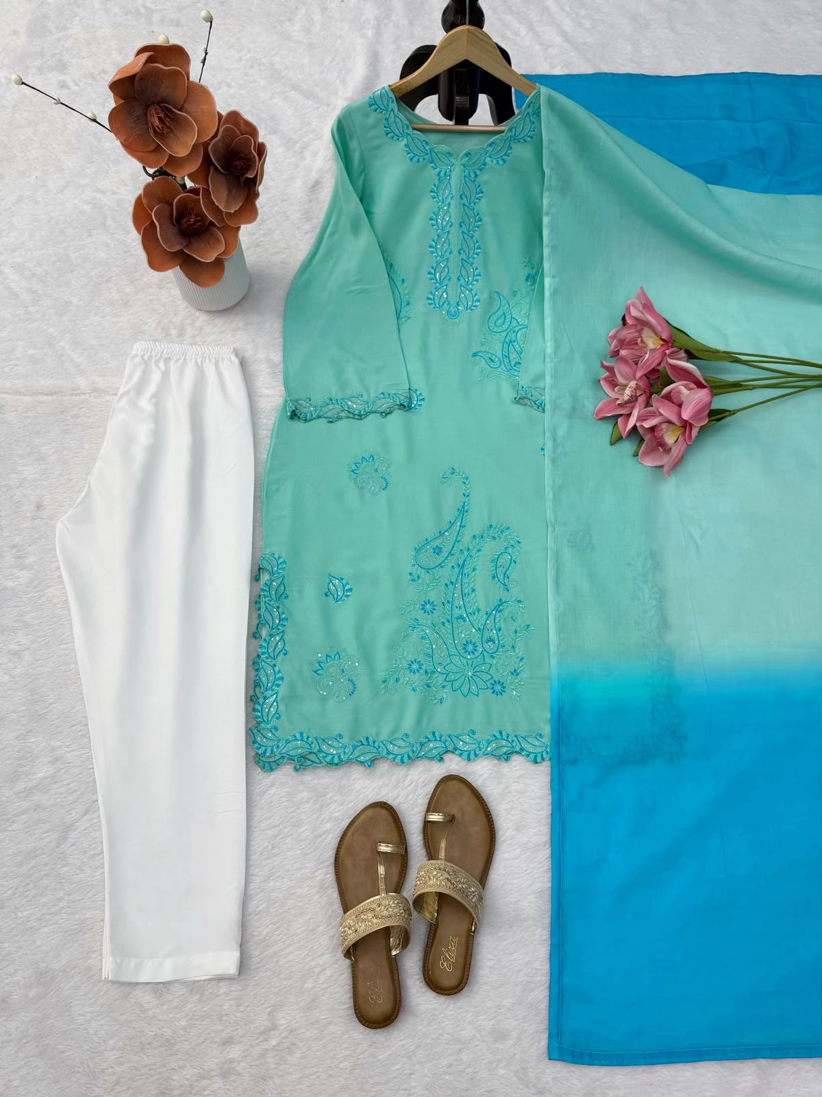 Heavy Reyon Thread Work Set with Shaded Double-Colour Mull Cotton Dupatta