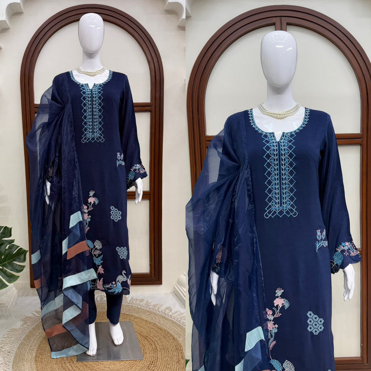 Jura Silk Oversize Kaftan Set with Thread Work & Lace Organza Dupatta