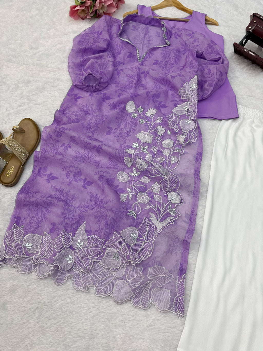 Organza Shrug Set with Digital Print, Real Mirror & Cutwork Detailing