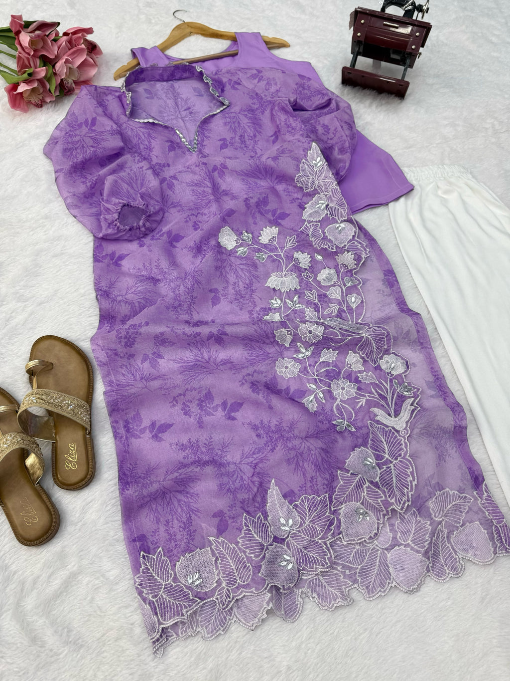 Organza Shrug Set with Digital Print, Real Mirror & Cutwork Detailing