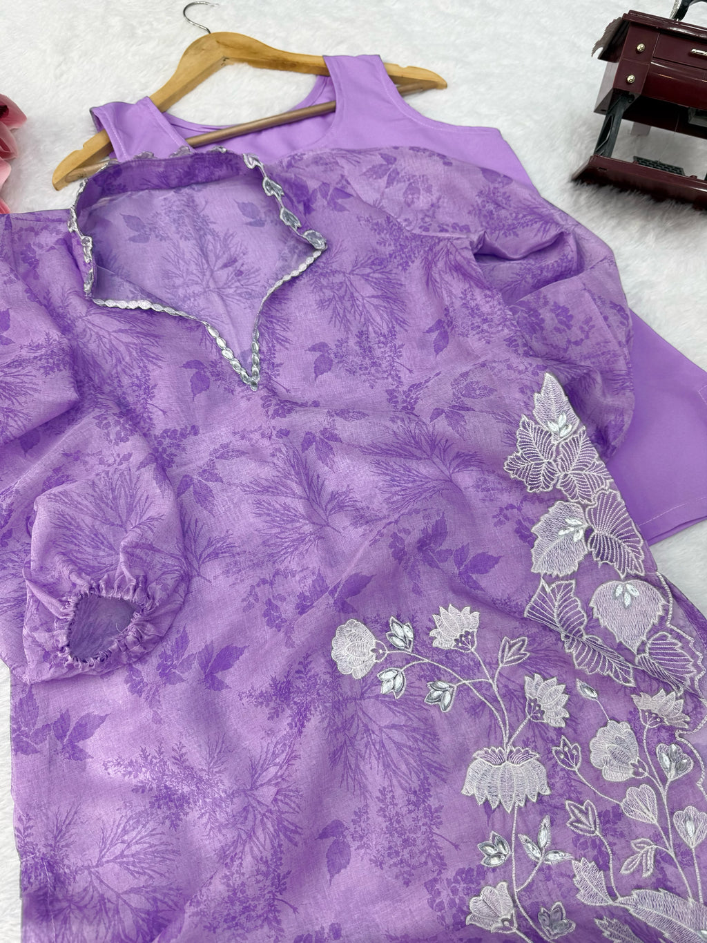Organza Shrug Set with Digital Print, Real Mirror & Cutwork Detailing