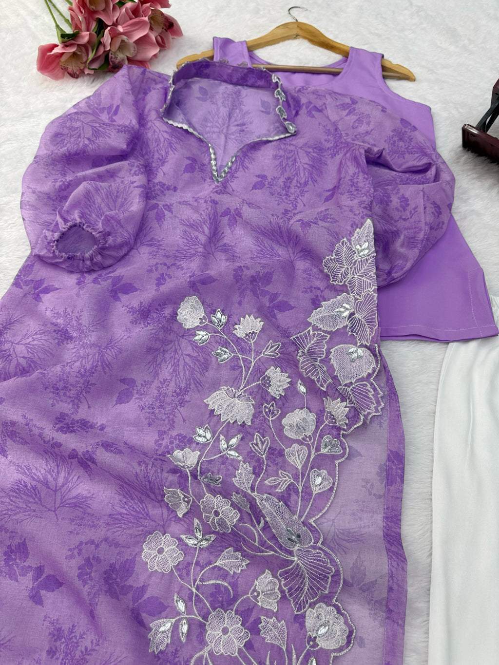 Organza Shrug Set with Digital Print, Real Mirror & Cutwork Detailing