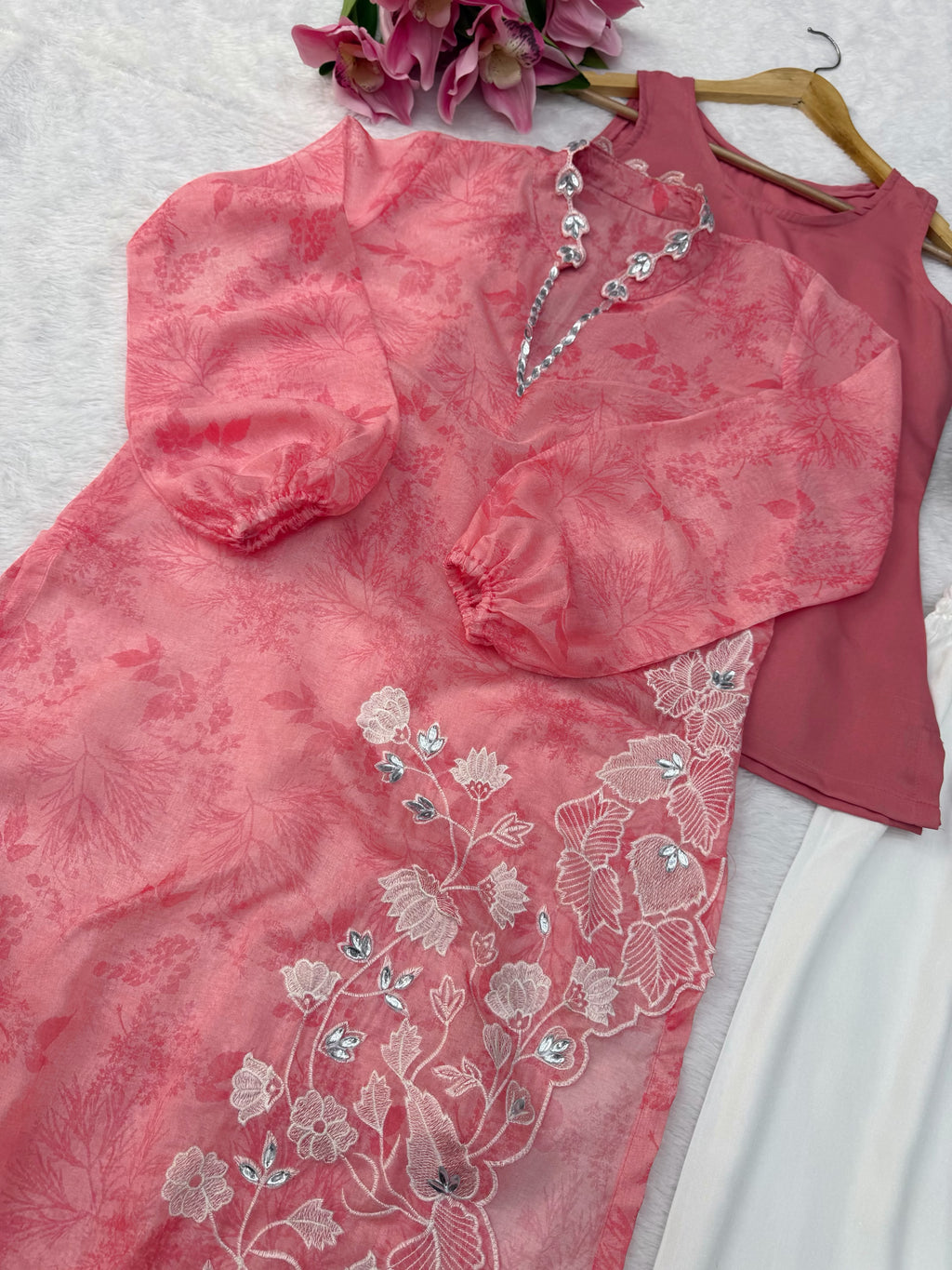 Organza Shrug Set with Digital Print, Real Mirror & Cutwork Detailing