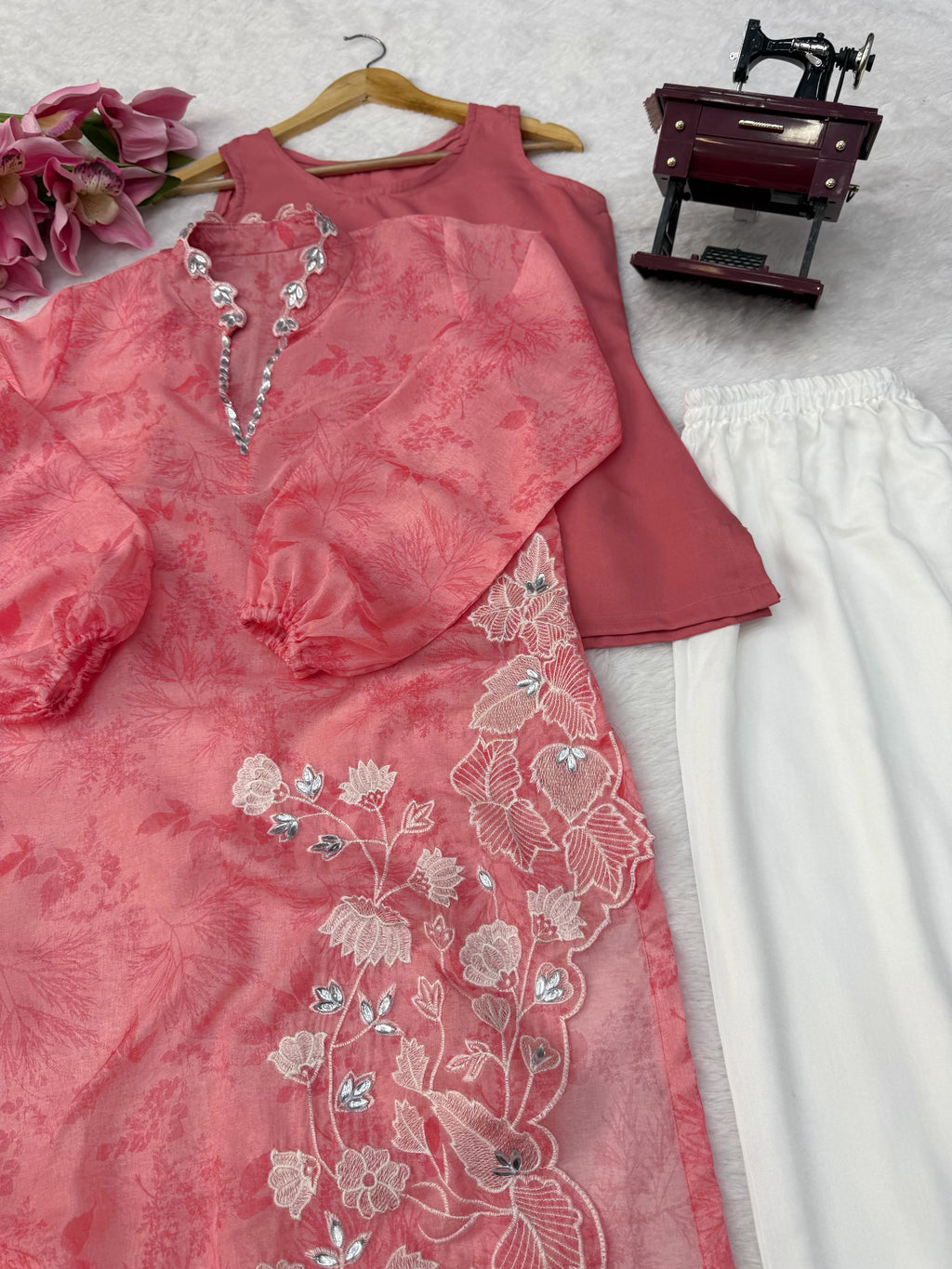 Organza Shrug Set with Digital Print, Real Mirror & Cutwork Detailing
