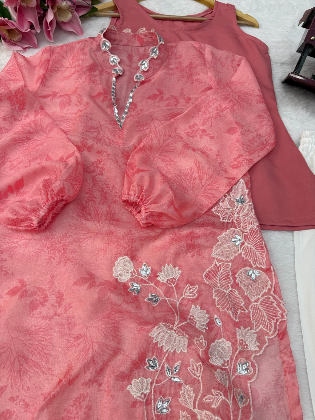 Organza Shrug Set with Digital Print, Real Mirror & Cutwork Detailing