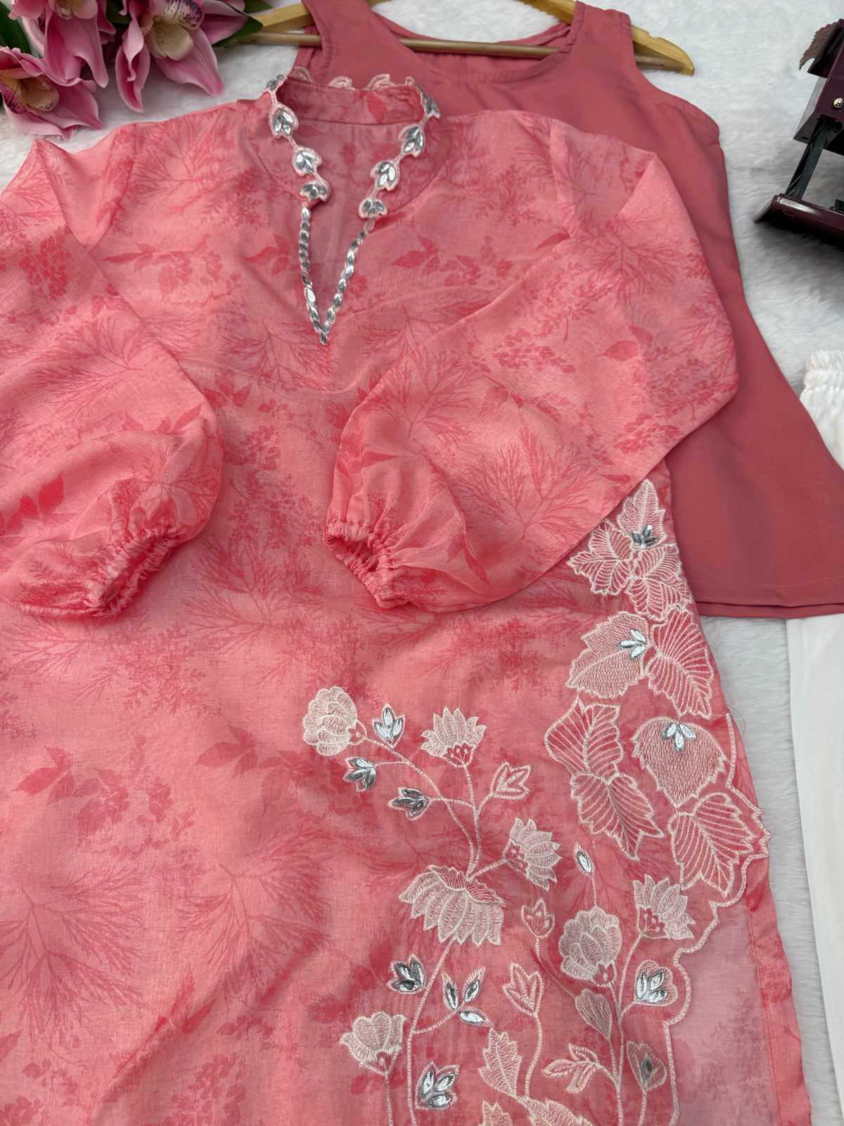 Organza Shrug Set with Digital Print, Real Mirror & Cutwork Detailing