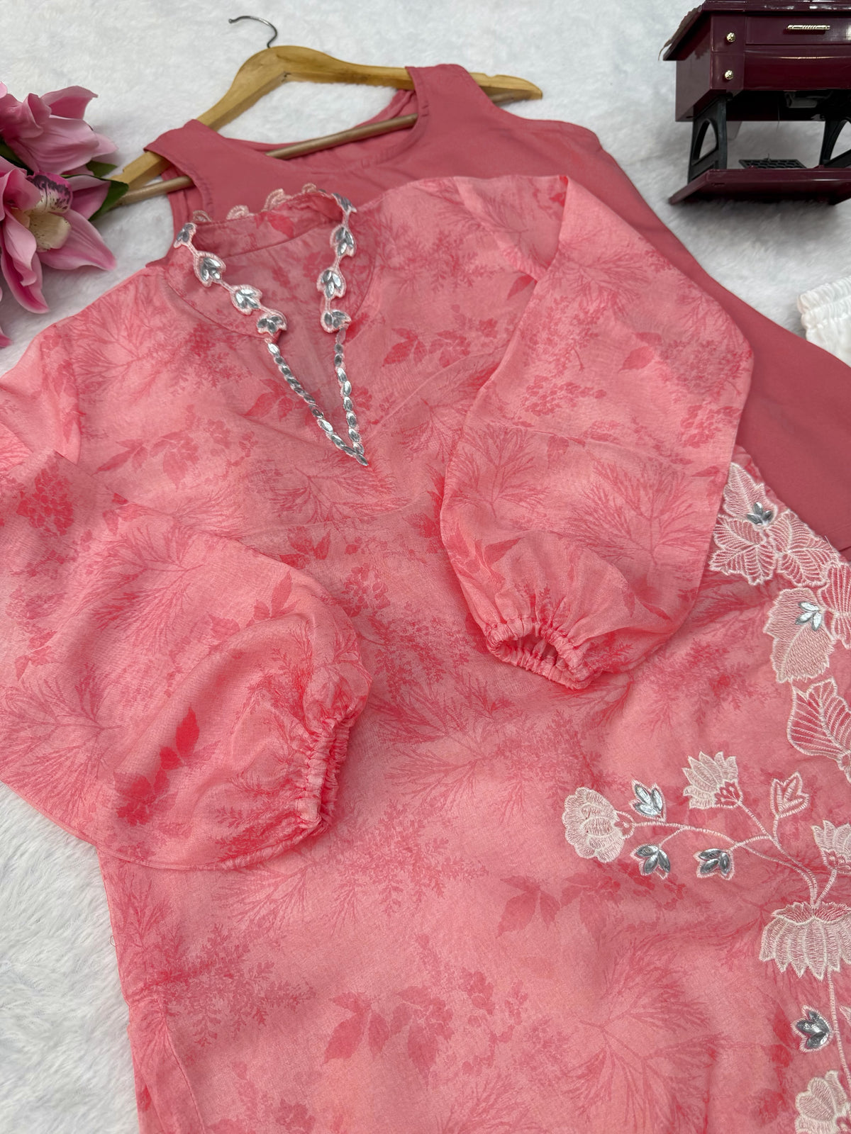 Organza Shrug Set with Digital Print, Real Mirror & Cutwork Detailing