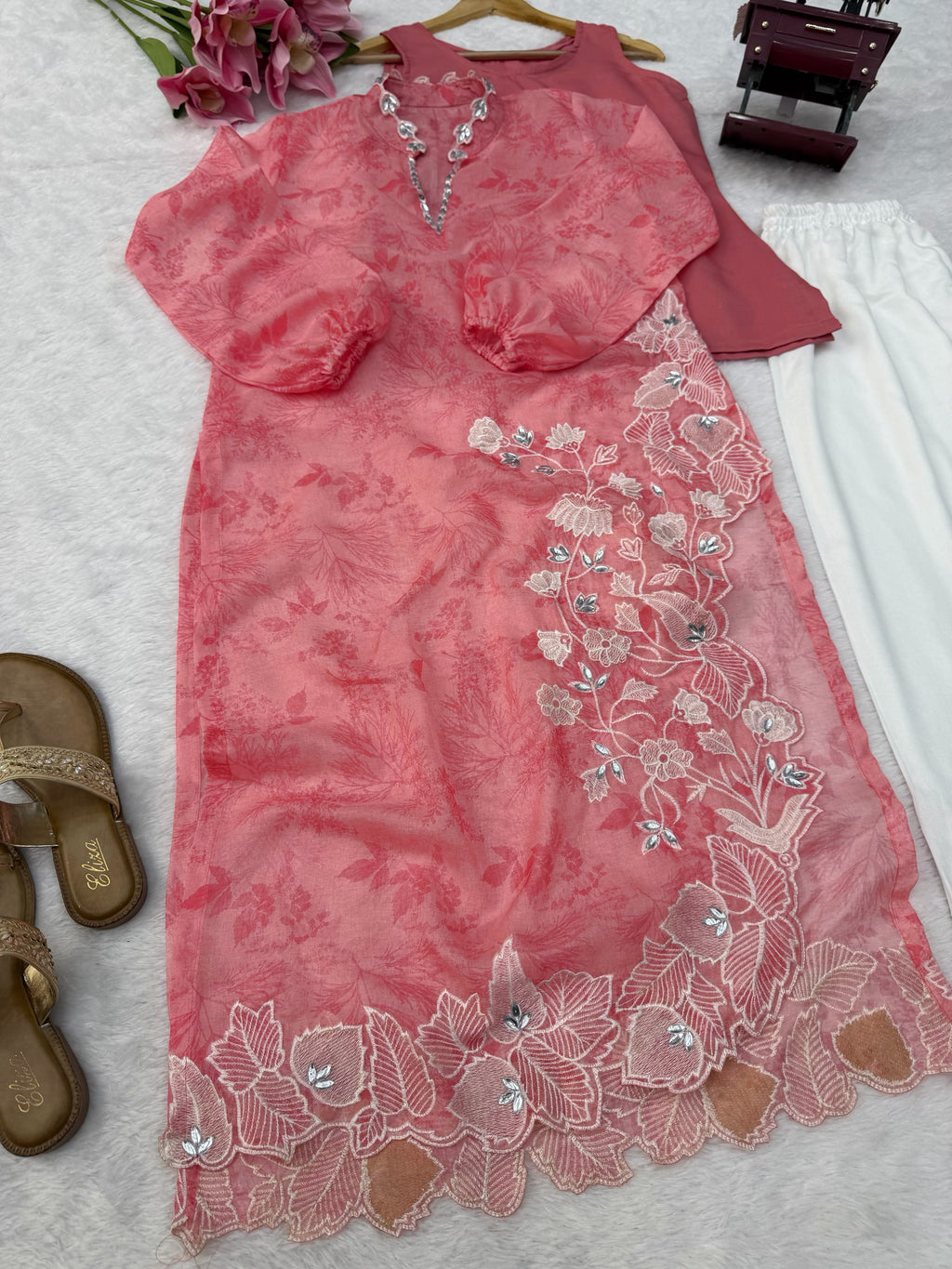 Organza Shrug Set with Digital Print, Real Mirror & Cutwork Detailing