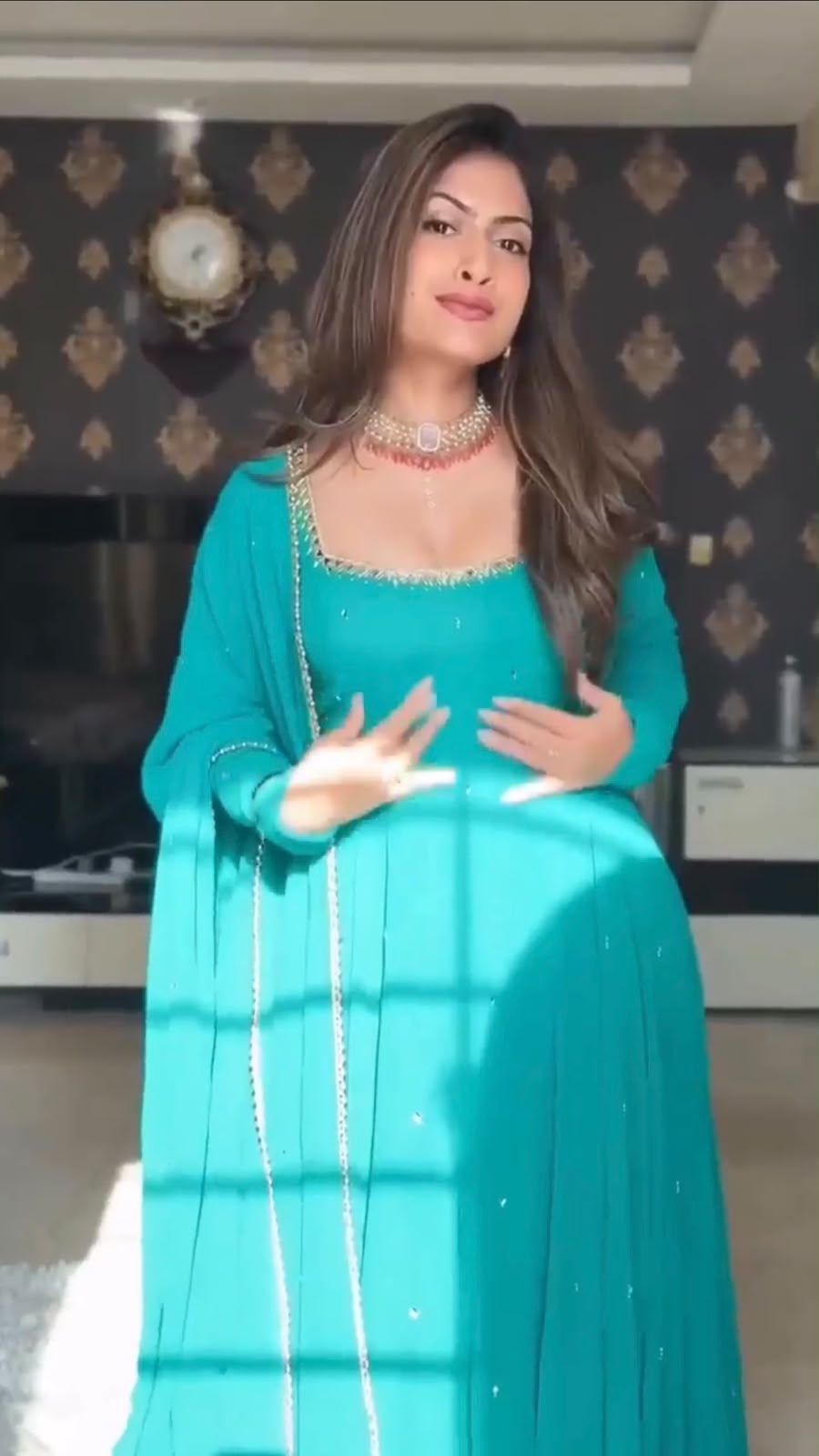 Faux Georgette 7M Flair Anarkali with Real Mirror Handwork & Pearl Lace Dupatta