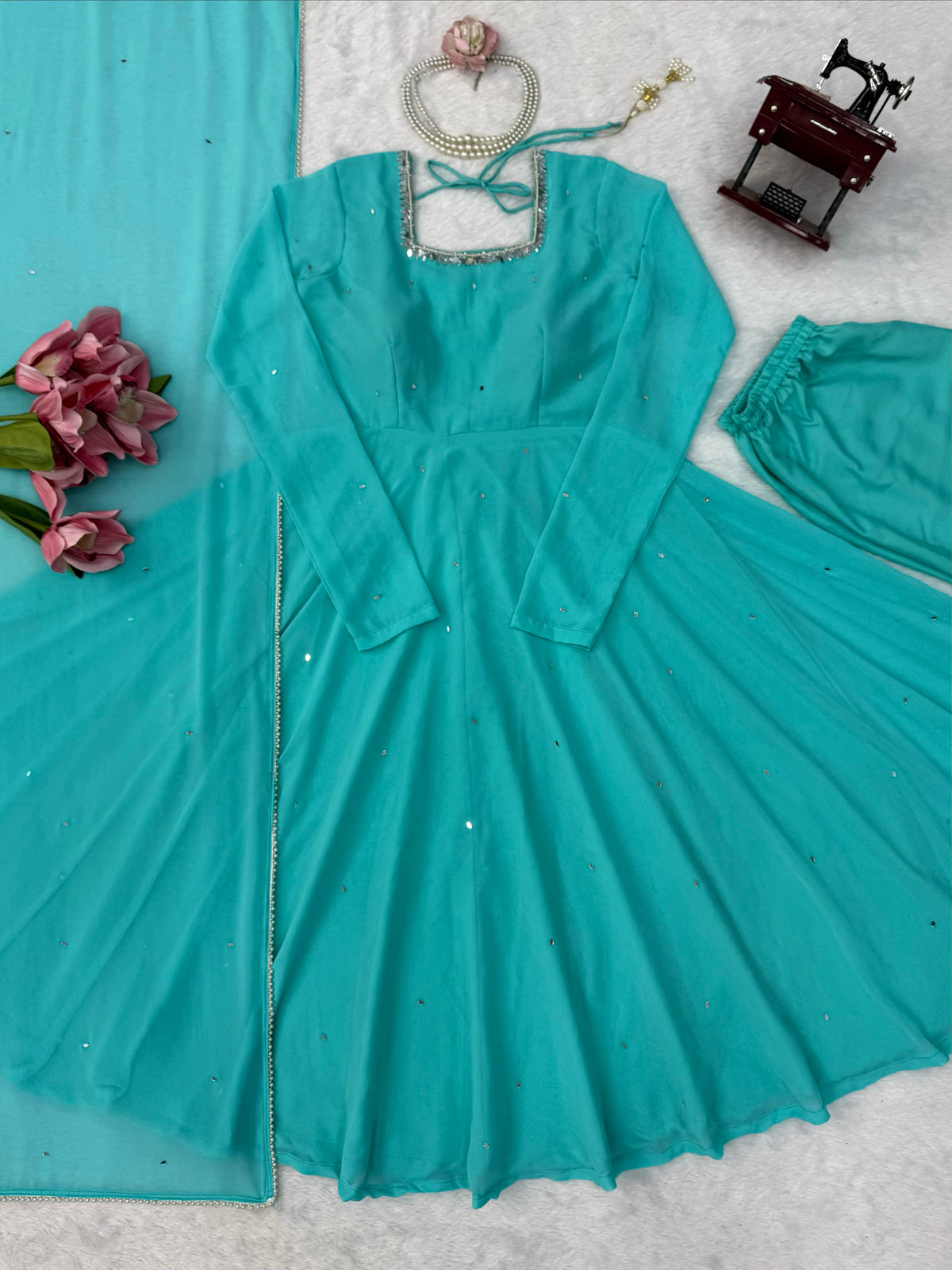 Faux Georgette 7M Flair Anarkali with Real Mirror Handwork & Pearl Lace Dupatta