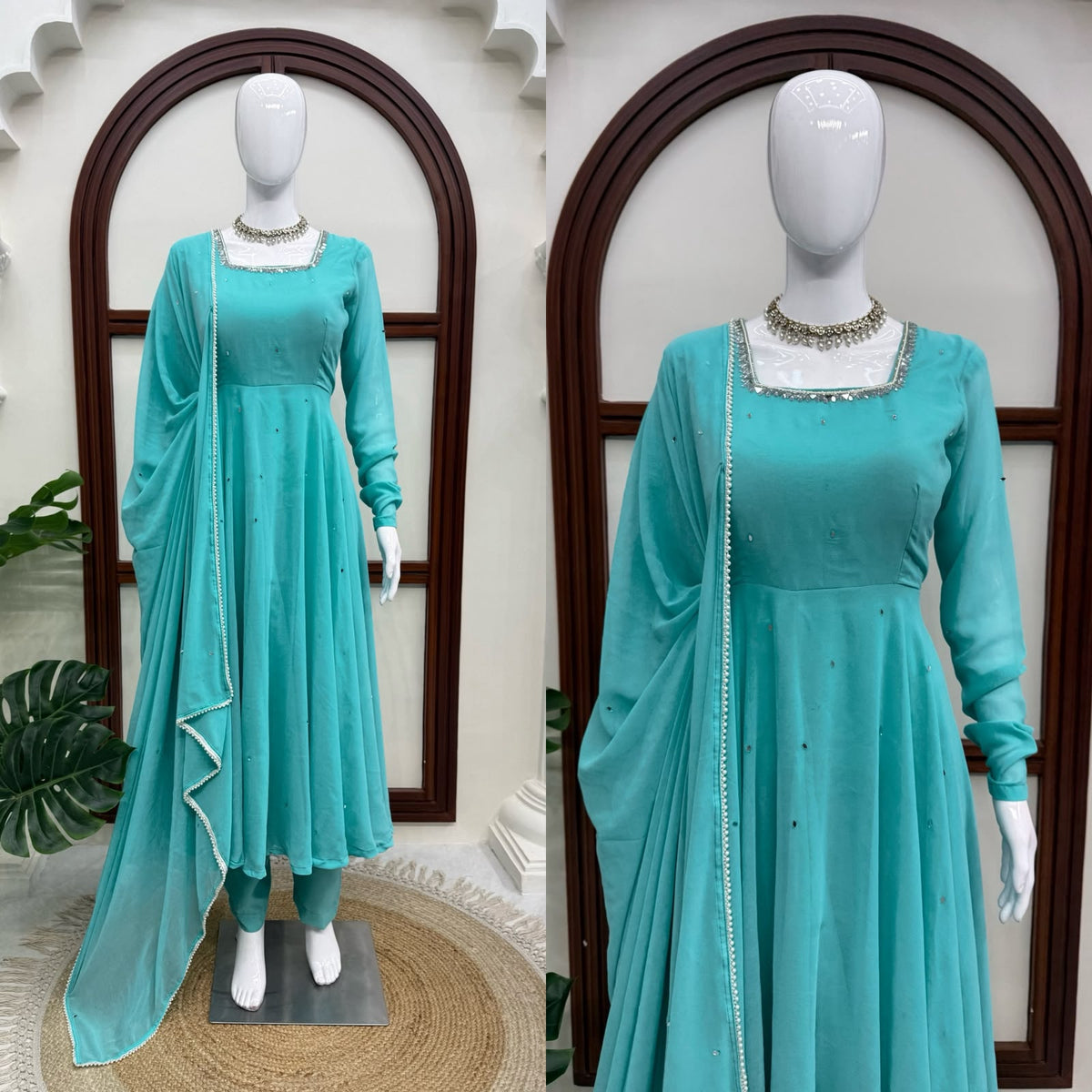 Faux Georgette 7M Flair Anarkali with Real Mirror Handwork & Pearl Lace Dupatta