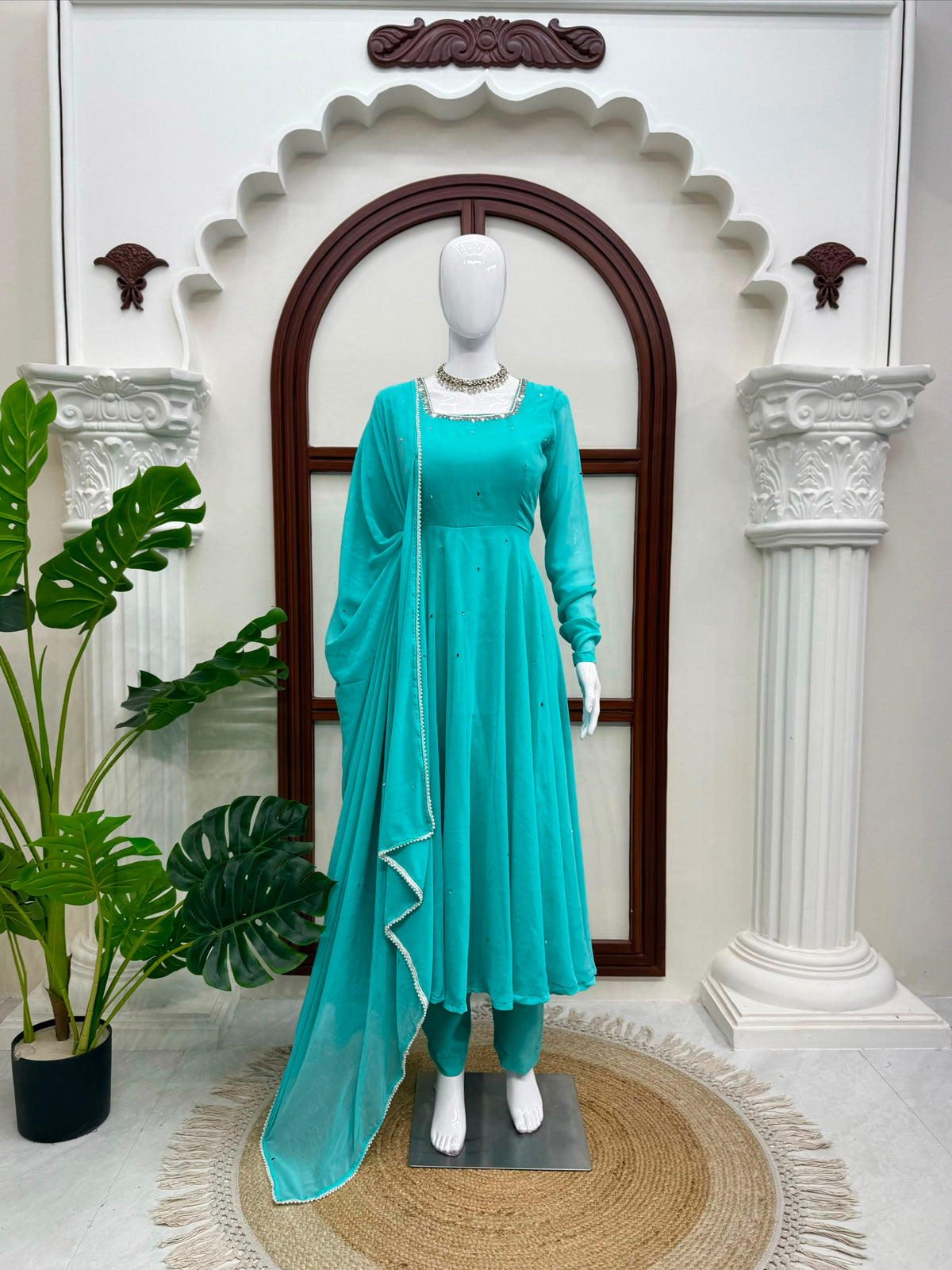 Faux Georgette 7M Flair Anarkali with Real Mirror Handwork & Pearl Lace Dupatta