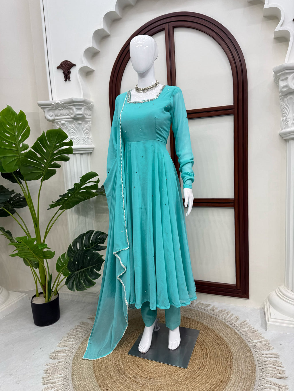 Faux Georgette 7M Flair Anarkali with Real Mirror Handwork & Pearl Lace Dupatta