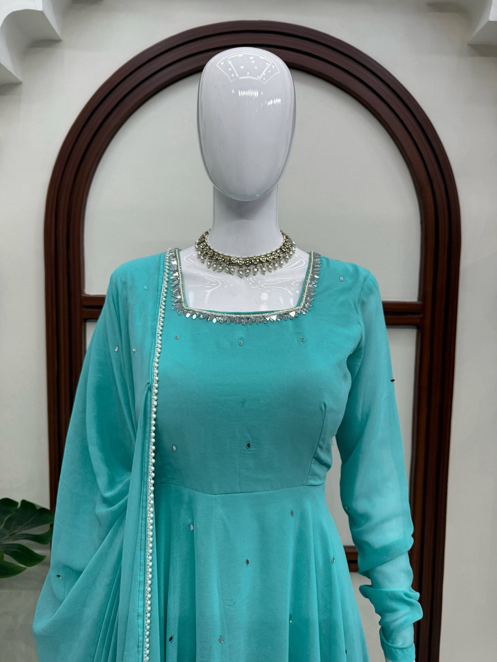 Faux Georgette 7M Flair Anarkali with Real Mirror Handwork & Pearl Lace Dupatta