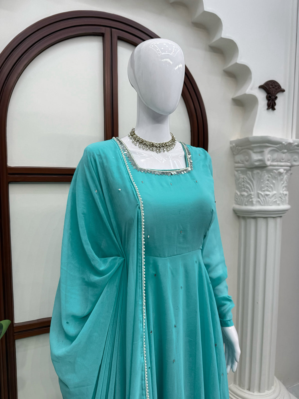 Faux Georgette 7M Flair Anarkali with Real Mirror Handwork & Pearl Lace Dupatta