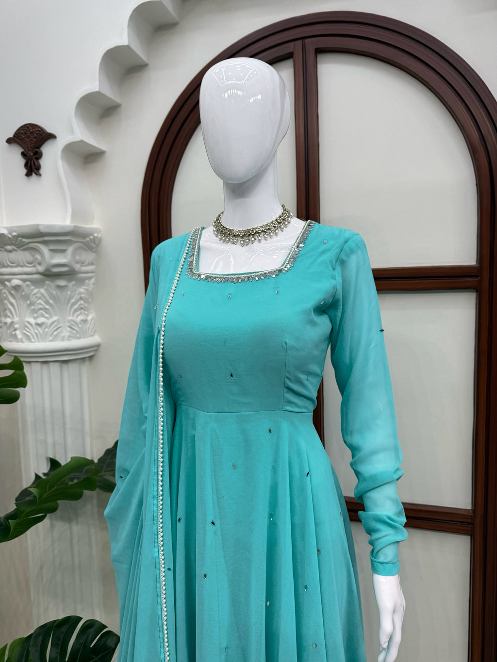 Faux Georgette 7M Flair Anarkali with Real Mirror Handwork & Pearl Lace Dupatta