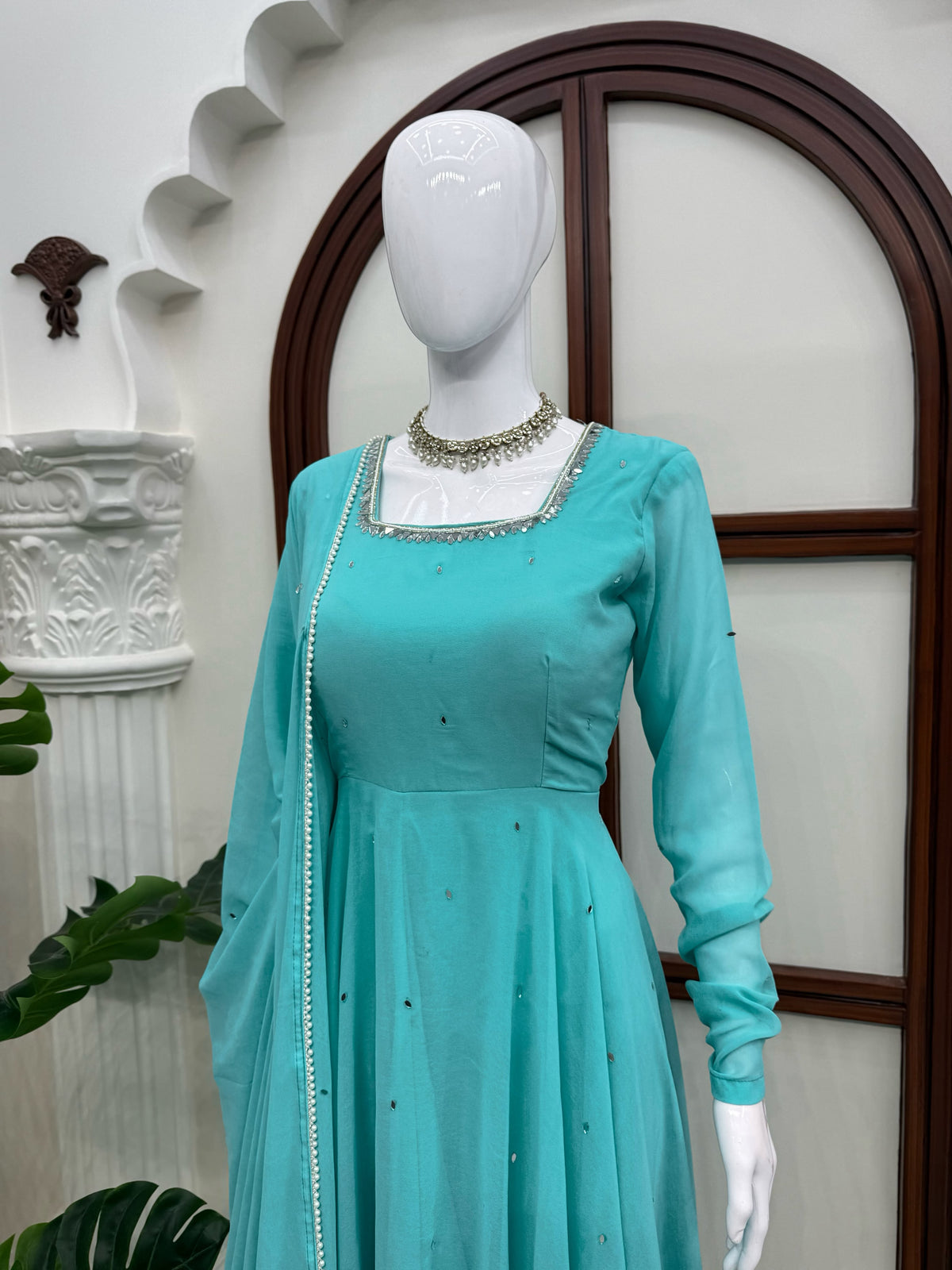 Faux Georgette 7M Flair Anarkali with Real Mirror Handwork & Pearl Lace Dupatta