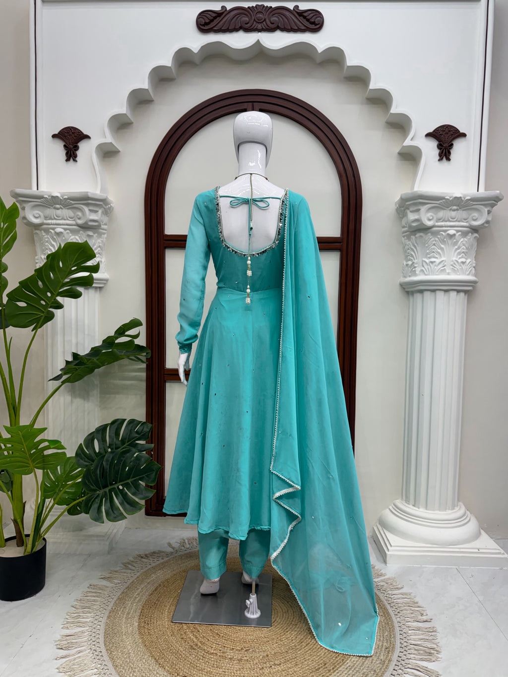 Faux Georgette 7M Flair Anarkali with Real Mirror Handwork & Pearl Lace Dupatta
